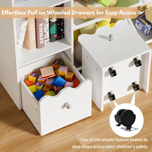 Miniatura 5 de HOMMPA Organizador de almacenamiento de juguetes para niños de 55 pulgadas de ancho con 2 cajones movibles, estantería de 4 niveles para niños
