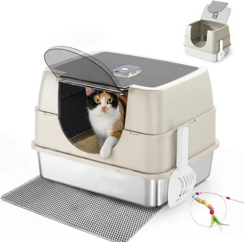 Miniatura 10 de Caja de arena cerrada para gatos con tapa abatible, caja de arena grande cubierta de acero inoxidable, bandeja de arena de metal de alta cara