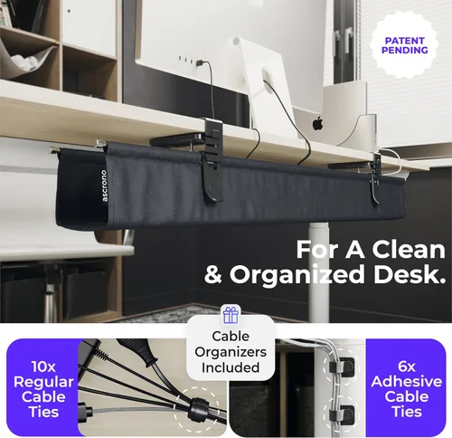 Miniatura 5 de Ascrono Bandeja de organización de cables original sin taladros debajo del escritorio de 14.1 pulgadas, organizador de cables de tela negra de alta