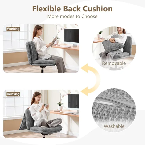 Miniatura 5 de Fizzin Silla cruzada sin brazos, con ruedas cruzadas, asiento de espuma viscoelástica con cojín de respaldo abatible, silla giratoria de respaldo