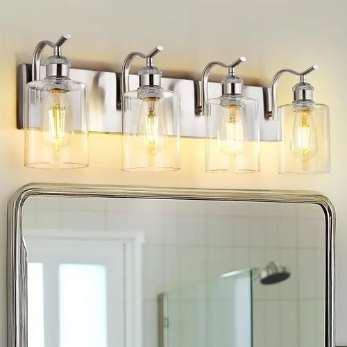 Miniatura 29 de Lámpara de tocador de baño de 3 luces, aplique de pared de níquel cepillado, lámpara de baño moderna con vidrio transparente, VL01BN-3 Níquel