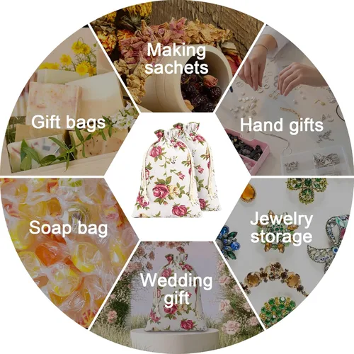 Miniatura 5 de Pangda 30 bolsas de regalo pequeñas con cordón de flores de 5.1 x 7 pulgadas, bolsas de arpillera rosa para almacenamiento de joyas, bolsas de lino