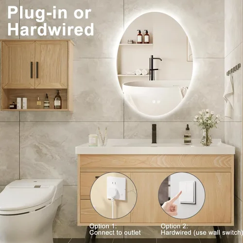 Miniatura 7 de Espejo de baño LED ovalado retroiluminado de 28 x 20 pulgadas, antiempañamiento, 3 colores, luz regulable, montado en la pared, espejo iluminado