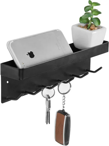 MyGift Soporte para llaves de metal negro montado en la pared para entrada de pared con soporte de correo y estante de accesorios Catchall