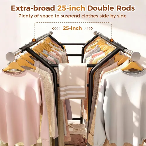 Miniatura 5 de Luxspire Perchero resistente con carga de 650 libras, percheros de ropa de doble barra para colgar ropa, estantes de ropa rodantes con ruedas