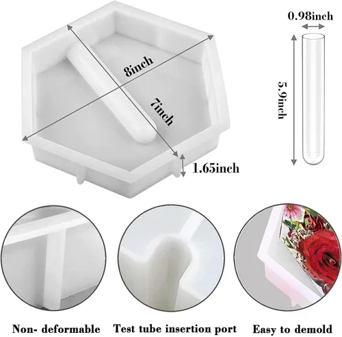 Miniatura 7 de Moldes de silicona hexagonales grandes para resina, moldes de resina epoxi profundos brillantes de 9" con 3 tubos de ensayo, moldes de resina 3D