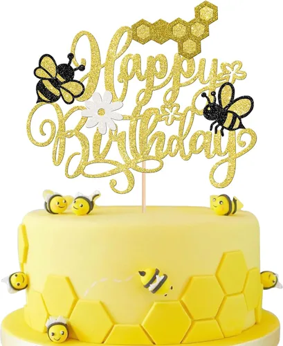 Miniatura 11 de ZHUOWEISM 1 decoración para pastel con diseño de abeja y flores con purpurina de panal de abejorros para pastel de cumpleaños, para temática