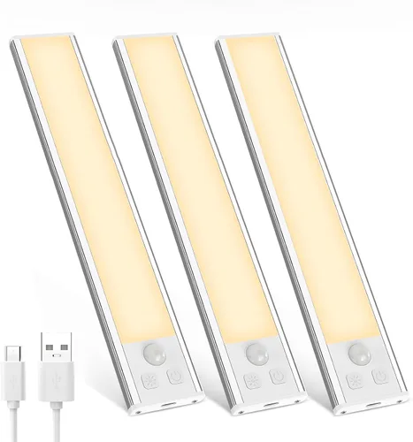 Miniatura 11 de Paquete de 3 luces LED para debajo del gabinete, 32 luces LED de color blanco frío recargables debajo del gabinete, luces LED con sensor de Negro