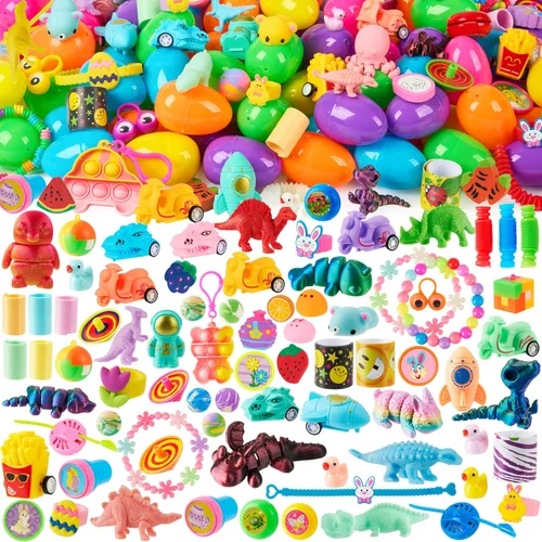 Miniatura 12 de JOYIN 200 huevos de Pascua precargados con juguetes surtidos y calcomanías en el interior, huevos de Pascua rellenos para niños, rellenos
