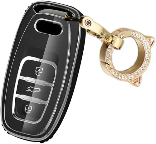 ontto Funda para llavero compatible con Audi Q5 SQ5 Q3 Q7 Q8 A3 A4 A5 A6 A7 llavero remoto sin llave, carcasa brillante con borde plateado negro