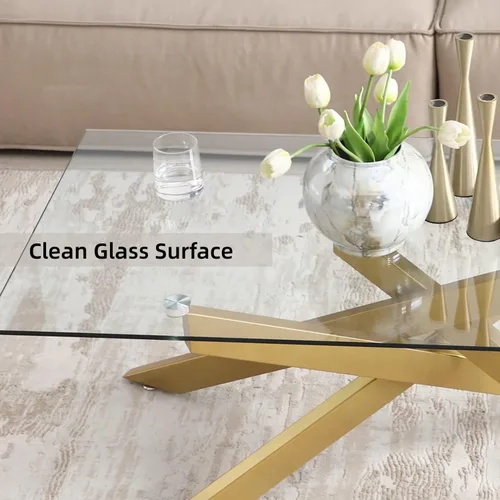 Miniatura 4 de Mesa de café dorada para sala de estar, mesa de café moderna de vidrio con tapa de vidrio templado de 47" y patas metálicas tubulares para espacios