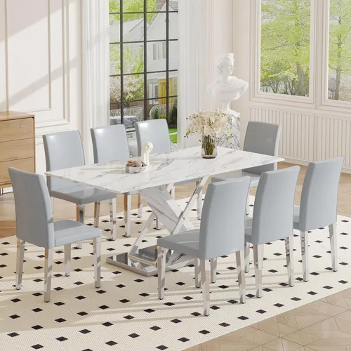 Miniatura 27 de Juego de mesa de comedor de mármol para mesa rectangular blanca de 4.63 pulgadas con marco de metal plateado en forma de X y 4 sillas de comedor