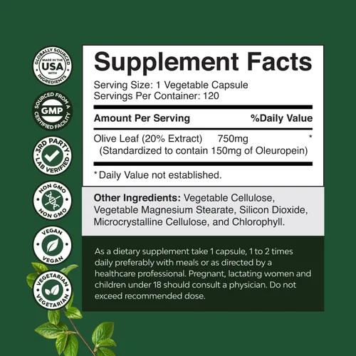 Miniatura 3 de Potent Olive Leaf Extract Cápsulas – Suplemento antioxidante de alta resistencia con hoja de olivo pura con 20% de oleuropeina – Suplemento herbario