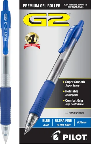 Pilot G2 Premium - Bolígrafos de gel recargables y retráctiles, punta ultrafina, tinta de gel, 0.015 in, tinta azul, paquete de 12 unidades Azul