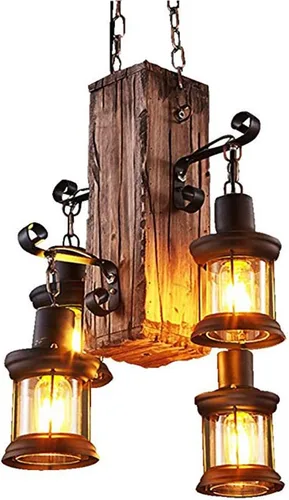 Lámpara colgante colgante de madera vintage industrial retro Loft linterna lámpara 4 luces suspensión lámpara de iluminación para cafetería,