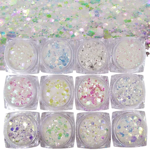 12 colores de sirena iridiscente con purpurina gruesa hexagonal con purpurina fina, lentejuelas escamas y pigmento en polvo para resina epoxi,