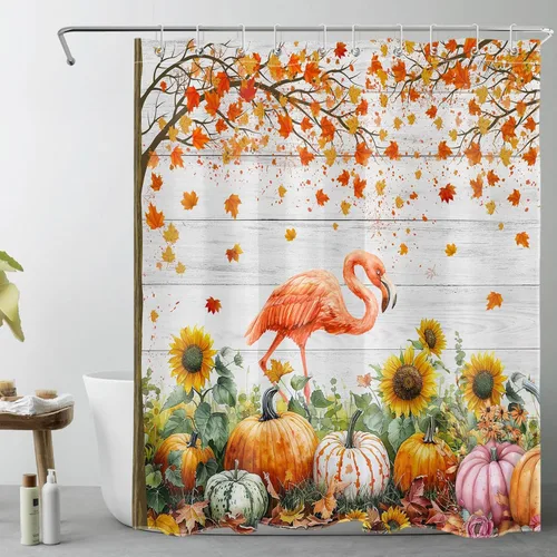 Miniatura 25 de LB Cortina de ducha de flores blancas y moradas para baño, lindo pájaro y hojas de otoño sobre tela beige con ganchos, juego botánico floral