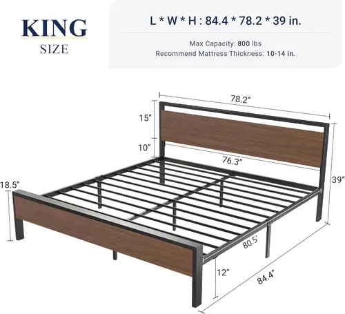 Miniatura 2 de Allewie Base de cama de plataforma tamaño King con cabecera y estribo de madera, soporte de 12 listones de metal resistente, no necesita somier