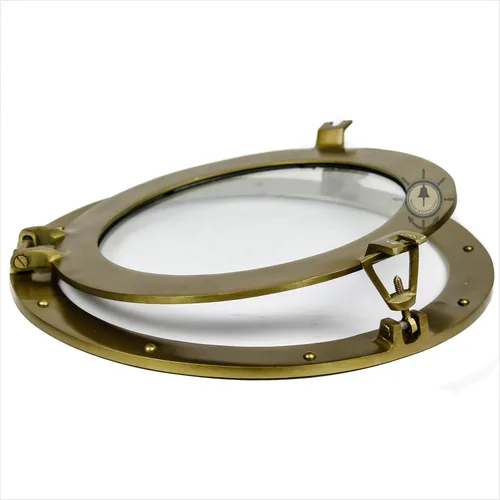 Miniatura 8 de Nagina International Espejo y ventanas de buey náutico con acabado de latón antiguo con recubrimiento en polvo, espejo de decoración de pared