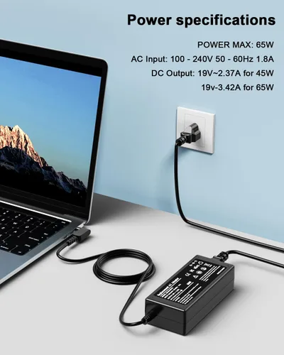 Miniatura 3 de Cargador para portátil de 65 W compatible con Acer Aspire 5 3 1 A515-54 A315-24P Chromebook N15Q8 N15Q9 N16P1 C738T C740 PA-1450-26, Swift 3, Spin 1
