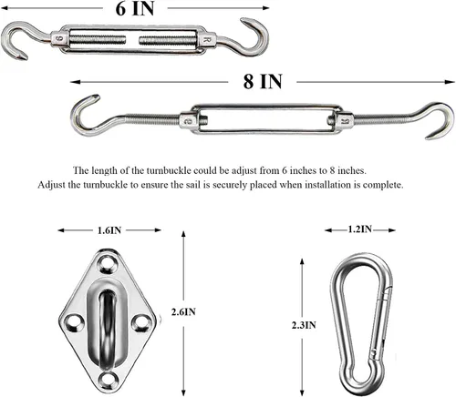 Miniatura 3 de Kit de herramientas de acero inoxidable de 6 pulgadas + 3 piezas de cuerda de cable para toldo triangular para toldo pérgolar al aire libre