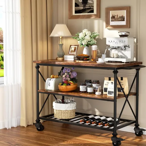 Miniatura 8 de Carrito de isla de cocina Homieasy con ruedas, mesa de isla de cocina rodante de 3 niveles de madera y metal con patas de tubo, estantes