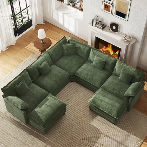 Miniatura 41 de WorthFurni Sofá Seccional Modular de 111.4", Sofá de Nube en Forma de U con 2 Otomanas Móviles, Cómodo Sofá de Chenille de Asiento Profundo