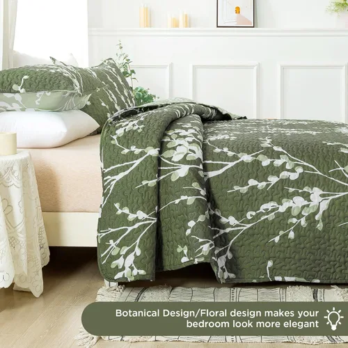 Miniatura 2 de Andency Colcha verde tamaño Queen (96 x 90 pulgadas), colcha ligera floral de 3 piezas, colcha acolchada reversible de microfibra con 2 fundas