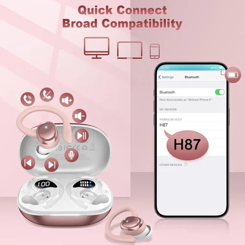 Miniatura 6 de Auriculares inalámbricos deportivos, Bluetooth 5.4 con gancho para la oreja, auriculares estéreo de alta fidelidad 2025, auriculares 50H con 4