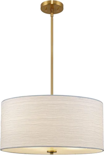 Kira Home Pearl - Lámpara colgante moderna de tambor grande de 18 pulgadas, 3 luces, pantalla texturizada blanca + difusor de vidrio, altura Latón