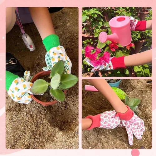 Miniatura 8 de Paquete de 3 pares de guantes de jardín para niños, guantes de jardinería para niños pequeños, regalos medianos para edades de 4 a 5 años, estilo 1