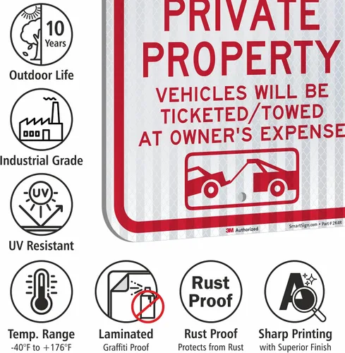 Miniatura 6 de SmartSign Letrero con texto en inglés "No Parking - Private Property, Vehicles Will Be Ticketed/Towed at Owner's Expense" Aluminio reflectante