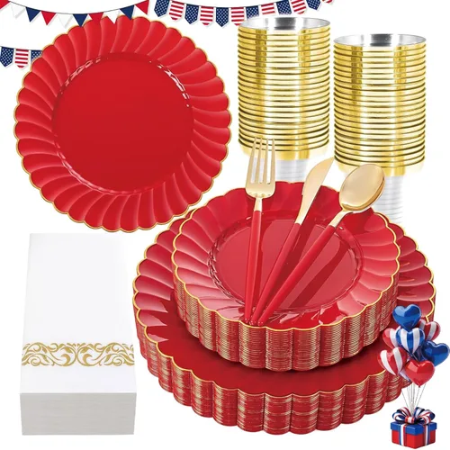 Miniatura 12 de Ciaell 175 platos de plástico festoneado negro con ribete dorado, cubiertos de plástico negro con asa, juegos de vajilla de alta gama para bodas