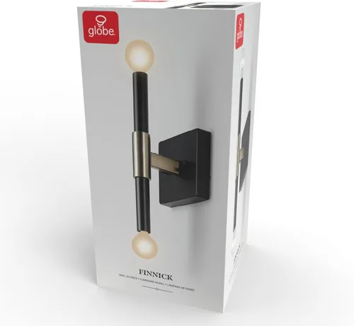 Miniatura 9 de GLOBE Electric 65000044 Aplique de pared de 2 luces, negro mate, acento de latón antiguo, zócalos de base E12, luces para sala de estar, decoración