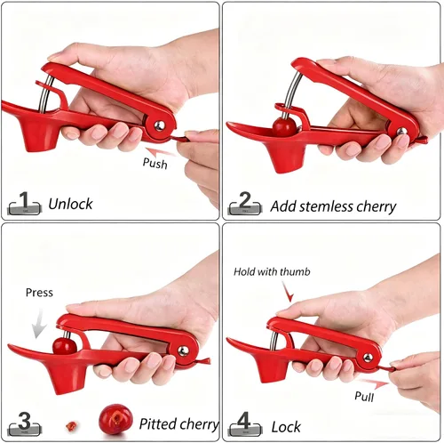 Miniatura 3 de Cherry Pitter - Makmzoon - Cortador de cerezas de acero inoxidable para hacer mermelada de cereza (rojo)