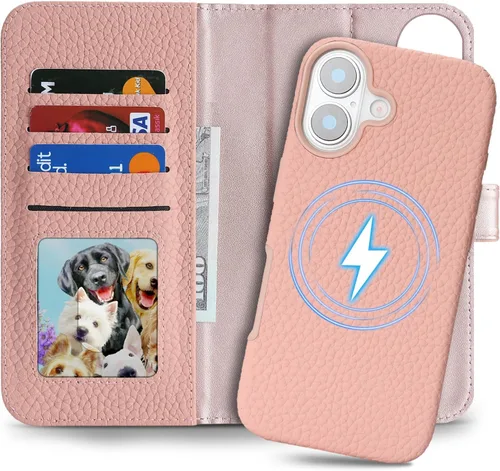 Miniatura 8 de Funda desmontable de piel auténtica para iPhone 13/14, funda magnética 2 en 1 extraíble, soporte de carga MagSafe, función de soporte para tarjetas