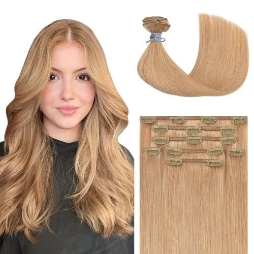 Miniatura 13 de Honsoo Extensiones de cabello humano real de color marrón con pinzas, marrón castaño, 15 pulgadas, 70 g, 7 unidades, cabello lacio sedoso y marrón