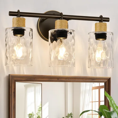 Miniatura 15 de MOKATNG Juego de 2 apliques de pared para baño, luces de tocador modernas costeras con pantalla de cristal, lámpara de pared negra para espejo