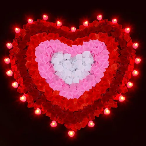 Miniatura 7 de Honoson 1000 pétalos de rosa artificiales con 24 velas LED en forma de corazón sin llama, velas especiales románticas para decoración nocturna