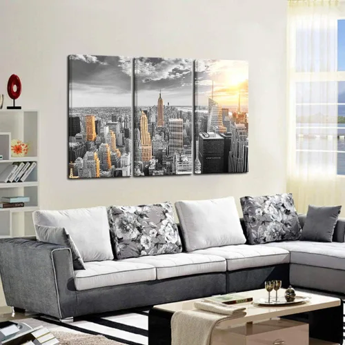 Miniatura 4 de LevvArts Lienzo grande de 3 piezas de arte de pared moderno en blanco y negro NYC en dorado al atardecer, póster de paisaje urbano enmarcado