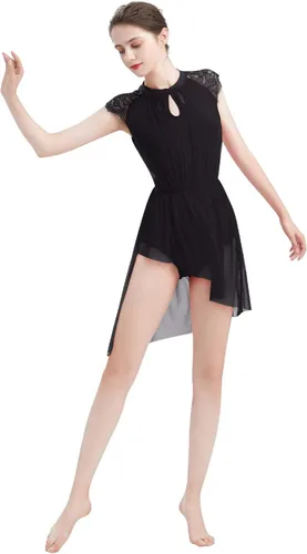 Miniatura 4 de ODASDO Elegante vestido de baile lírico para mujer, manga casquillo de encaje, falda de tul asimétrica, leotardo, disfraz contemporáneo, XS-XL