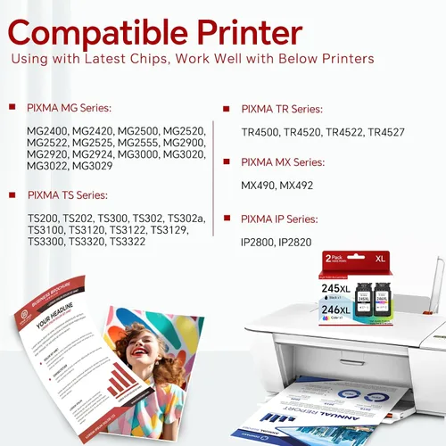 Miniatura 2 de 245XL 246XL Paquete combinado de cartuchos de tinta de repuesto para impresora Canon 245 246 PG-245 CL-246 XL MX490 MG2522 MX492 TR4520 TR4500