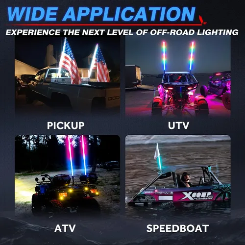 Miniatura 8 de MICTUNING 2PCS Luces LED Whip W1 de 3 pies con bandera y base de resorte, luces whip de persecución en espiral RGB+IC con APP, sincronización