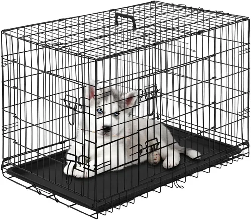 Miniatura 19 de PayLessHere Jaula grande para perros medianos y grandes, jaula de metal para perros de doble puerta, plegable, para interiores y exteriores