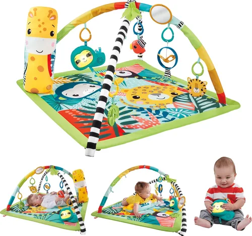 Fisher-Price Alfombra de juego para bebé, 3 en 1, diseño de selva tropical, gimnasio sensorial con música y luces, cuña de abdomen y 5 juguetes de