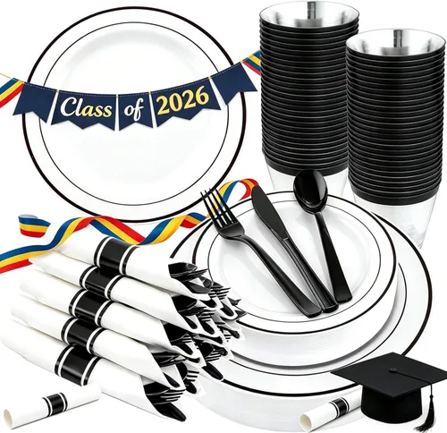 Miniatura 21 de WELLIFE 350 platos de plástico dorado transparente, 100 platos desechables, 150 cubiertos de plástico, 50 tazas, 50 servilletas para bodas y fiestas