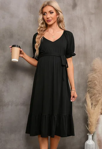 Miniatura 4 de Vestido de maternidad midi cuello en V cuello en V manga corta ropa para mujer embarazada