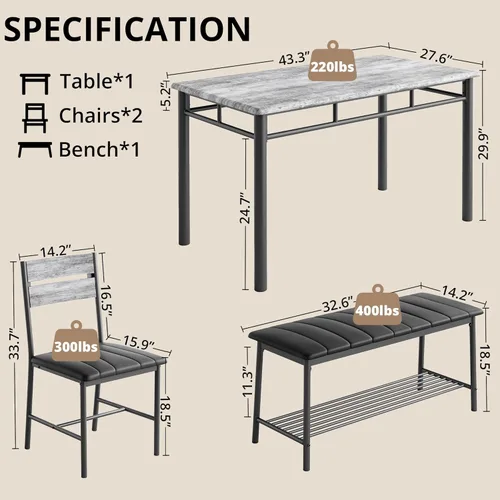 Miniatura 2 de IRONCK Juego de mesa de comedor para 4, mesa de cocina con banco tapizado y 2 sillas, juego de mesa de cocina y sillas para espacio pequeño, Gris