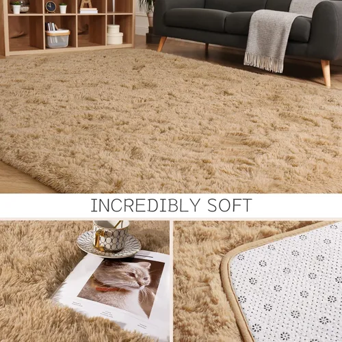 Miniatura 7 de HOMORE - Alfombras Beige Claro para Sala de Estar, Alfombra de Pelo Largo 5x7, Alfombra Esponjosa para Dormitorio, Alfombra Moderna Antideslizante