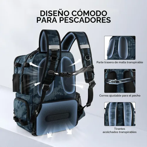 Miniatura 7 de KastKing BaitSpace 50L Mochila para equipo de pesca con encuadernador de cebo removible, 2 soportes para cañas, almacenamiento para equipo y G